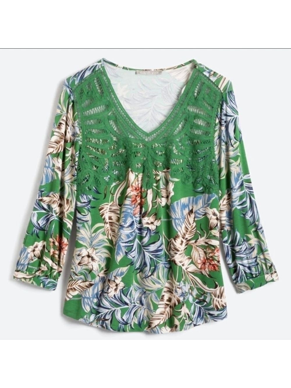 Daniel Rainn Boho Green Lace Tropical Floral Crochet L EUC